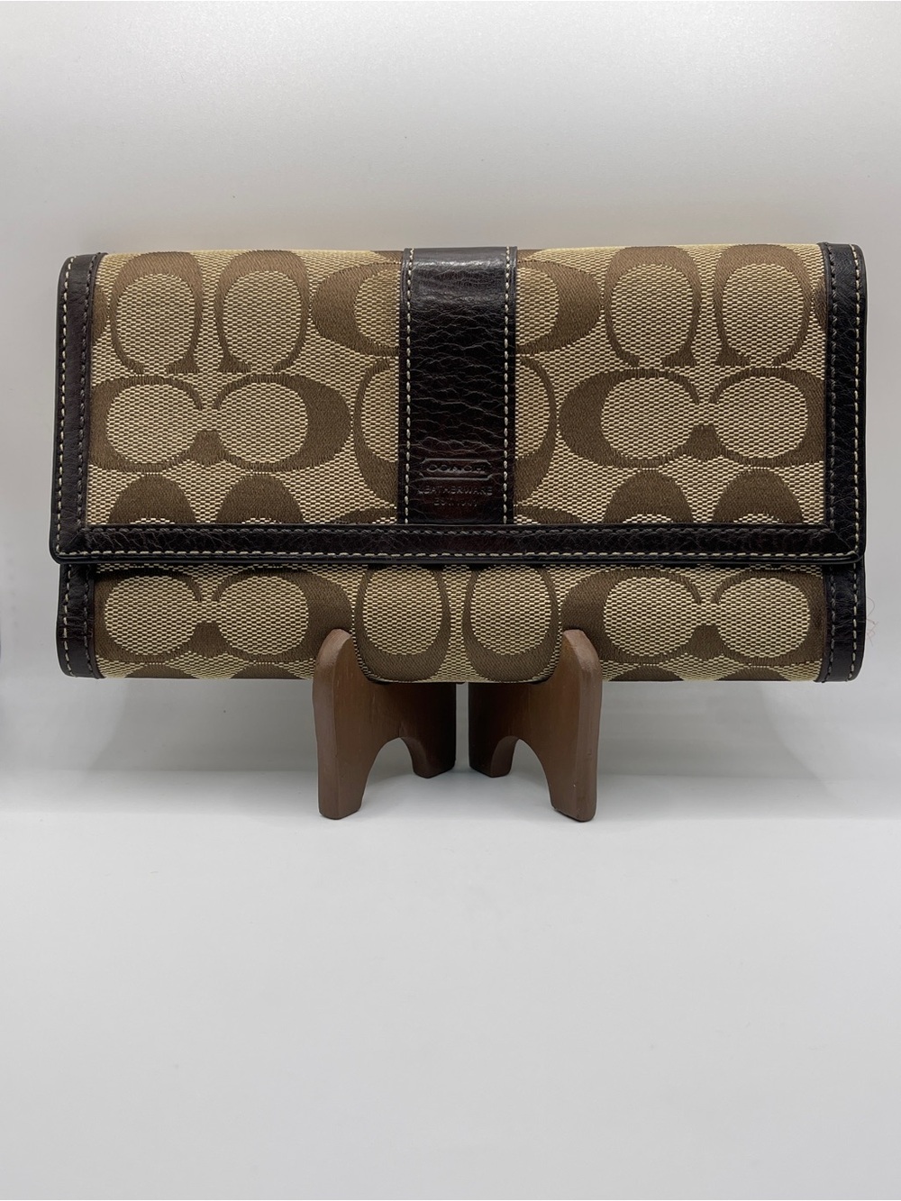 Coach Khaki & Dark Brown Signature Trifold Wallet
